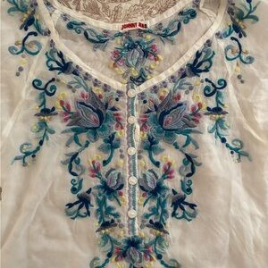 Johnny Was White Blouse with Blue and Pink Embroidery